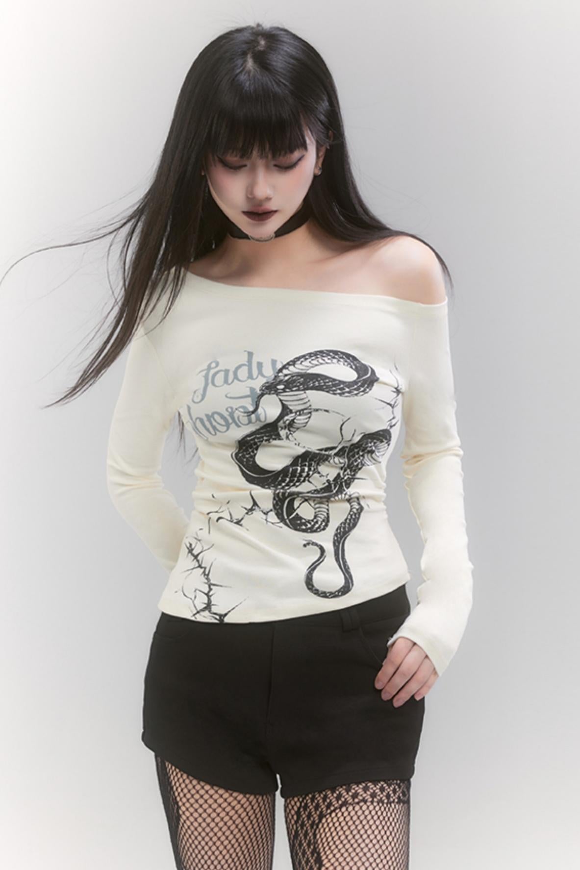 Das ursprüngliche Neujahrsgewand des Schlangenjahres von Ghost Girl, One-Shoulder-Top, scharfes und würziges figurbetontes langärmeliges T-Shirt, heißes Mädchen-Outfit 