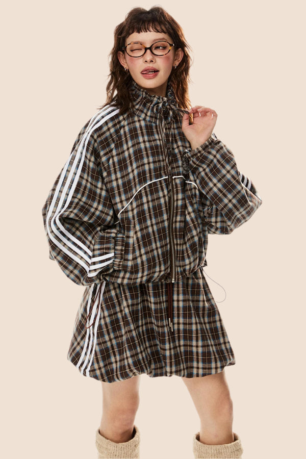 Short Loose Plaid Jacket & Skirt Set-Up