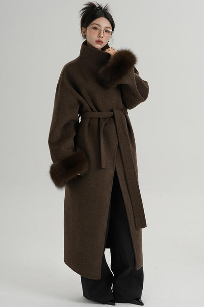 Fur Sleeve Long Woolen Coat