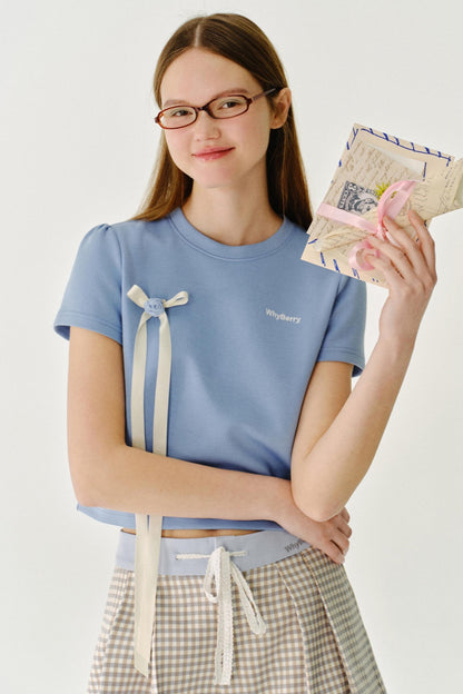 리본 디테일 레터 프린트 티셔츠 