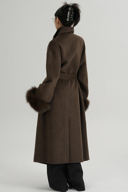 Fur Sleeve Long Woolen Coat