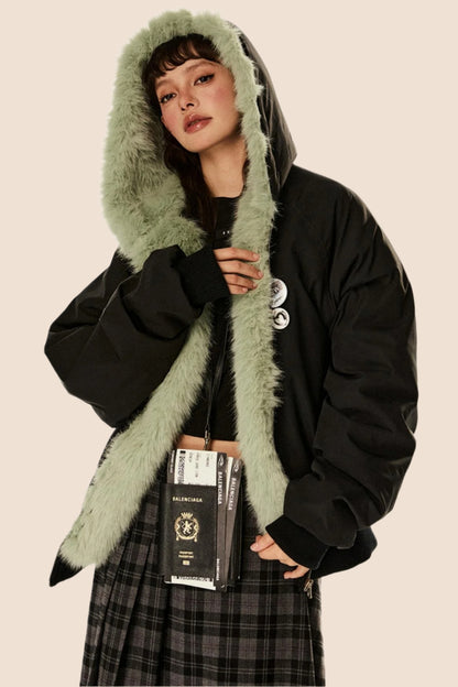 Retro Mountain Carving Fluffy Hooded Jacket