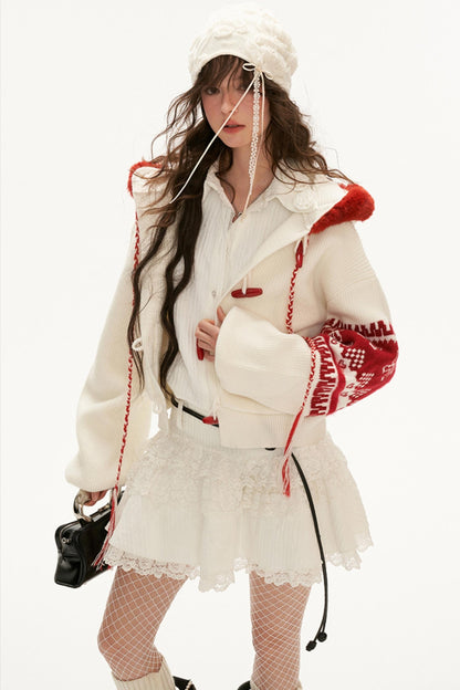 Patchwork Bow Jacquard Hooded Sweater Coat