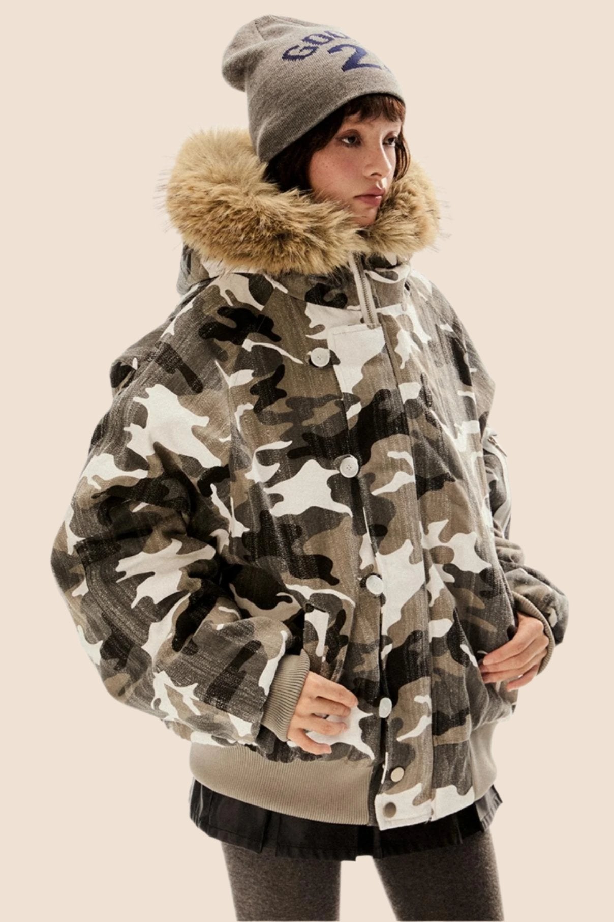 Retro Camouflage Fur Hooded Jacket