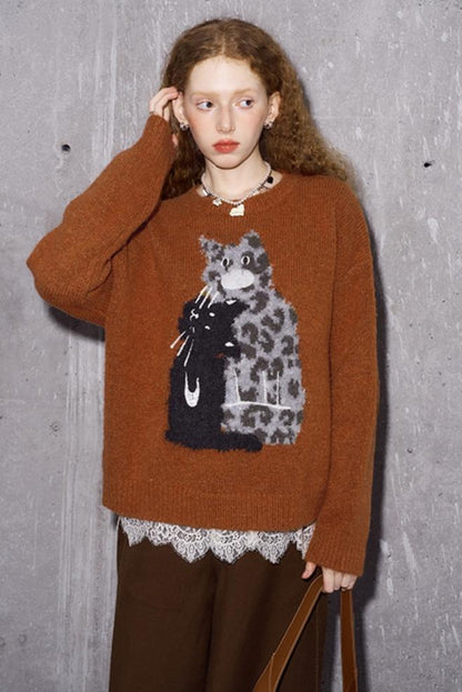 Leopard Print Embroidered Pullover Sweater