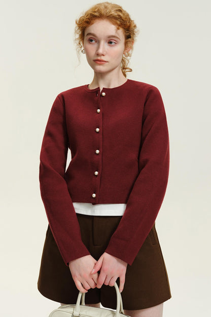 Round Neck Pearl Buckle Knitted Cardigan