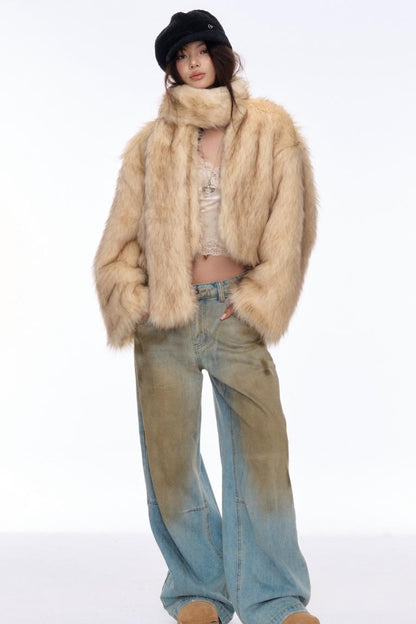 Contrast Eco-Fur Jacket & Scarf