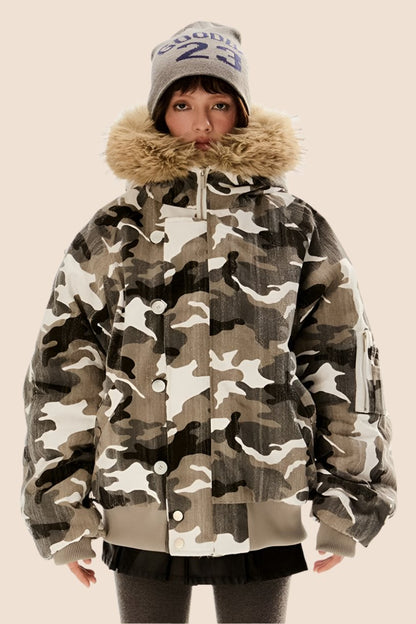 Retro Camouflage Fur Hooded Jacket