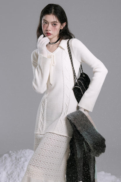 Lace-Panel Woolen Dress