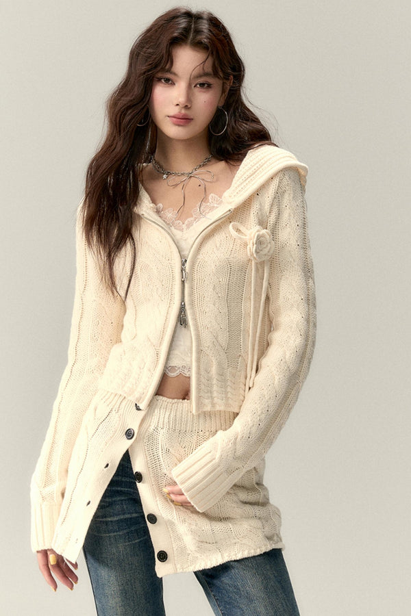 Twist Pattern Knit Sweater Jacket & Skirt Set-Up