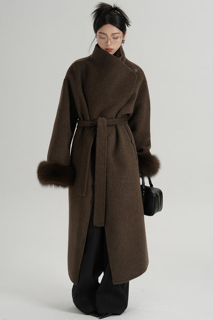 Fur Sleeve Long Woolen Coat