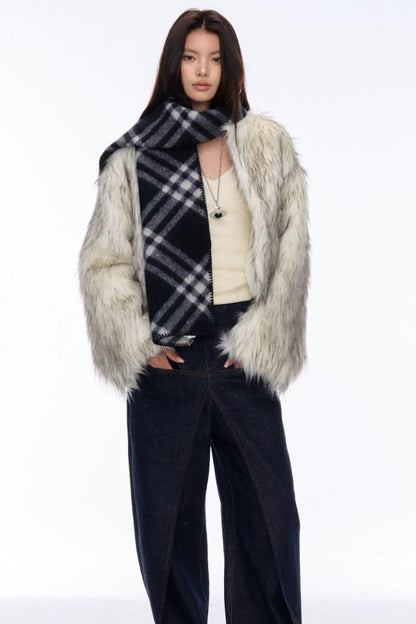 Contrast Eco-Fur Jacket & Scarf