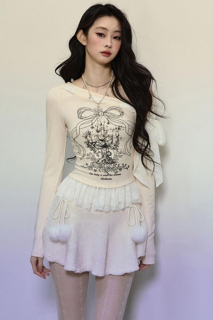 Lace Slanted Shoulder Long Sleeve Tops