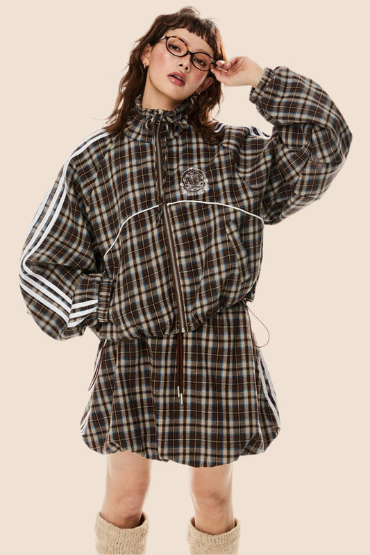 Short Loose Plaid Jacket & Skirt Set-Up