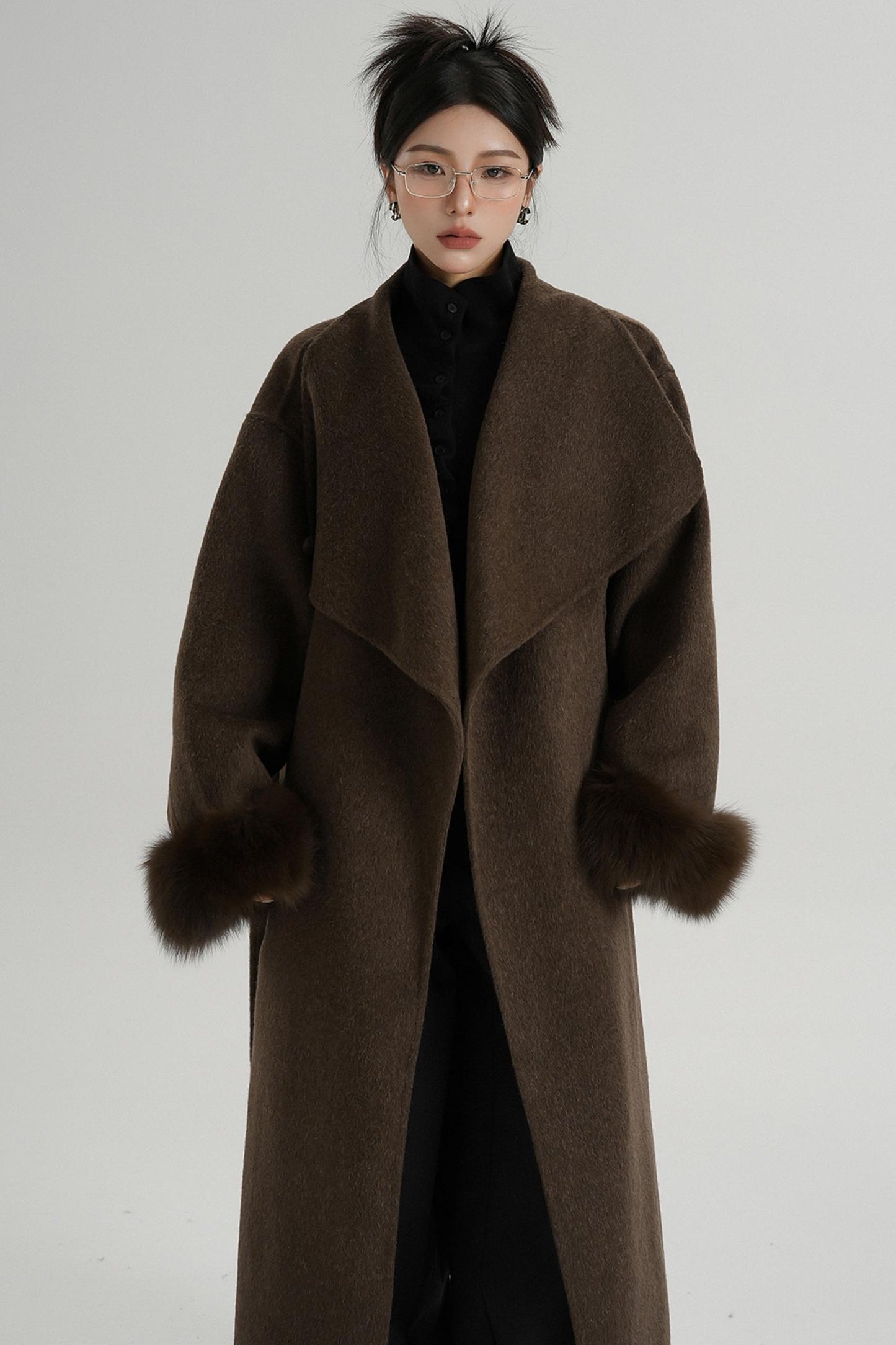 Fur Sleeve Long Woolen Coat