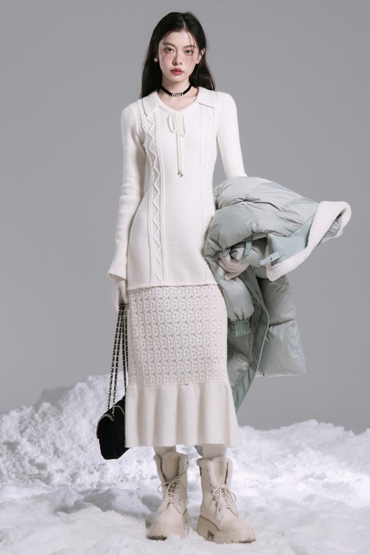 Lace-Panel Woolen Dress