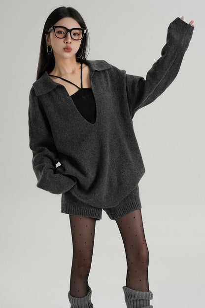 Niche Design V-Neck Sweater & Shorts Set-Up