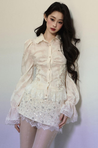 French Lace Slim Long Sleeve Shirt