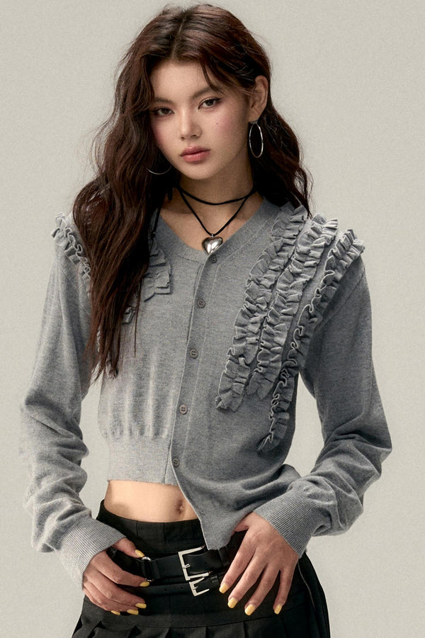 Pleated Design Lace Knit Wool Cardigan