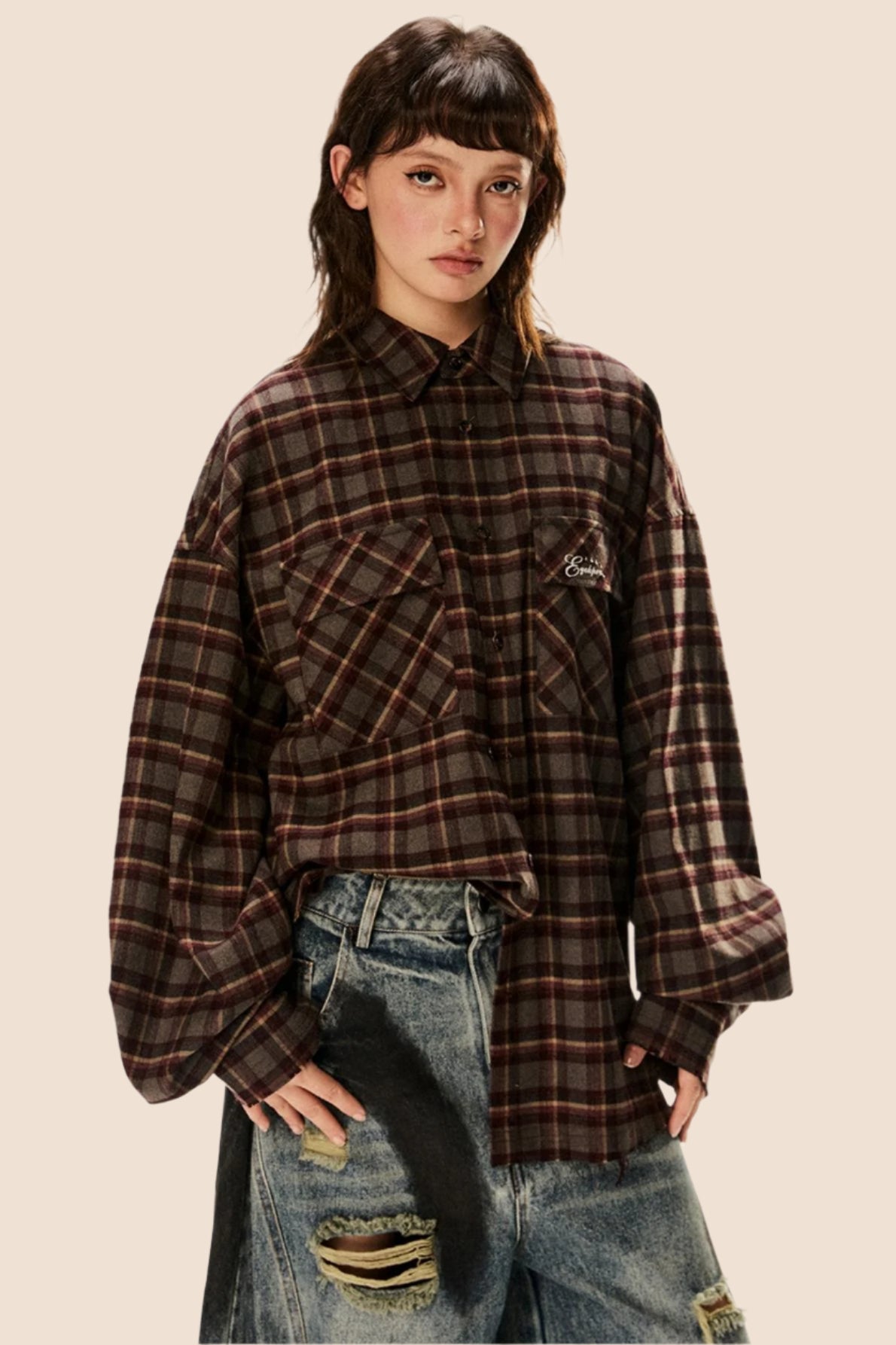 Contrast Plaid Long Sleeve Shirt