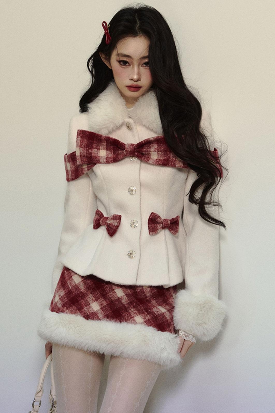 High-End Woolen Jacket & Checkered Skirt Set-Up