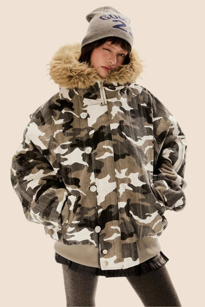 Retro Camouflage Fur Hooded Jacket