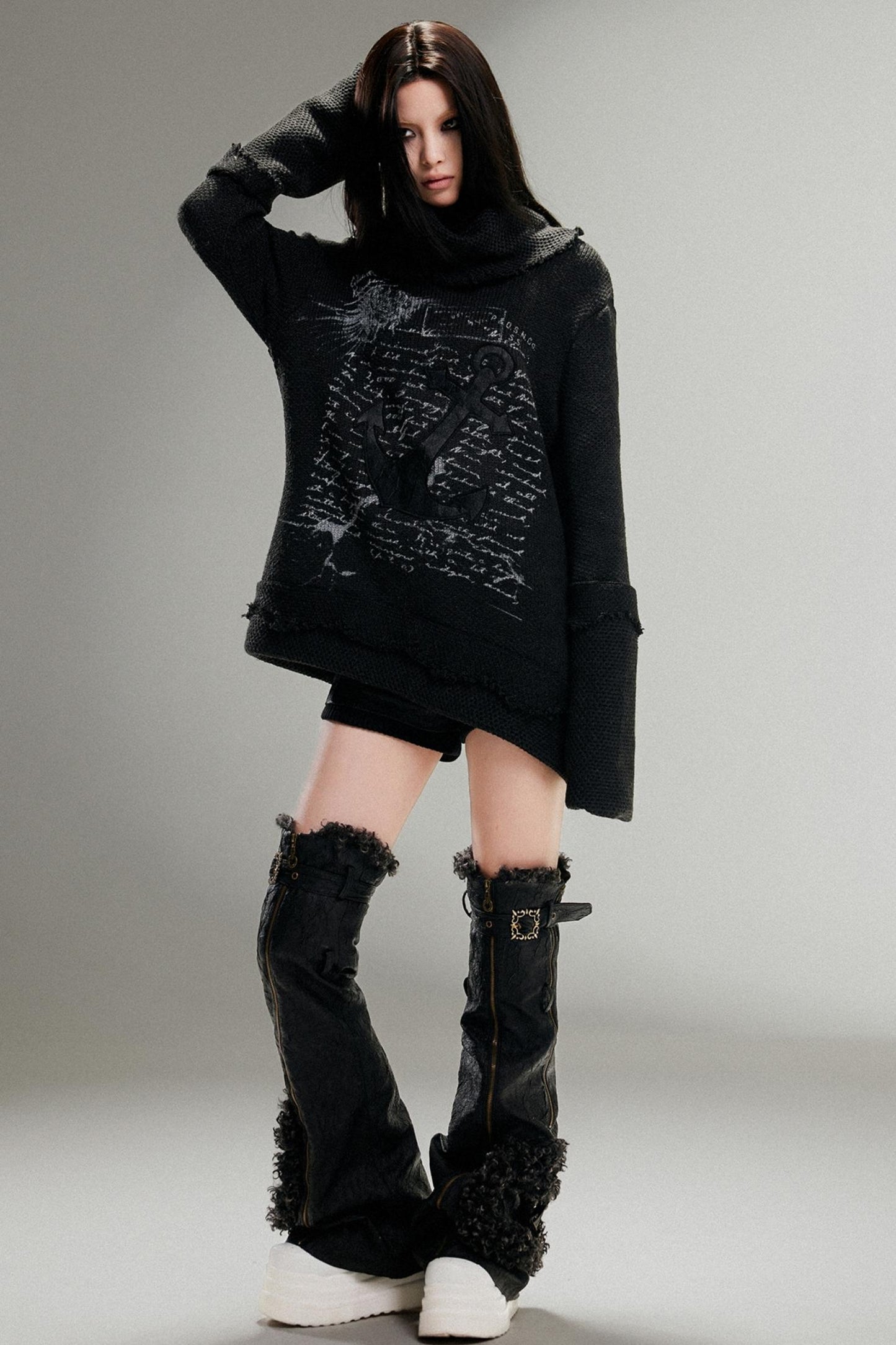 High Neck Anchor Print Loose Sweater