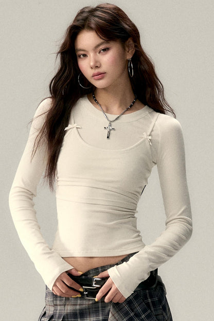 Bow Accent  Long Sleeve Tops