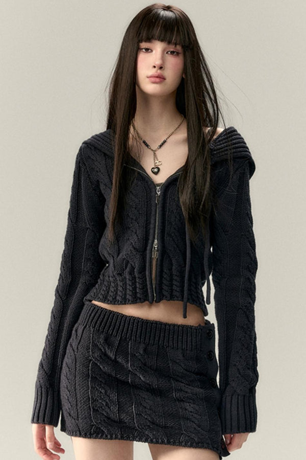 Twist Pattern Knit Sweater Jacket & Skirt Set-Up