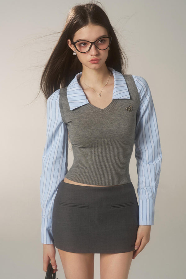 스트라이프 패널 셔츠 & 스커트 세트 