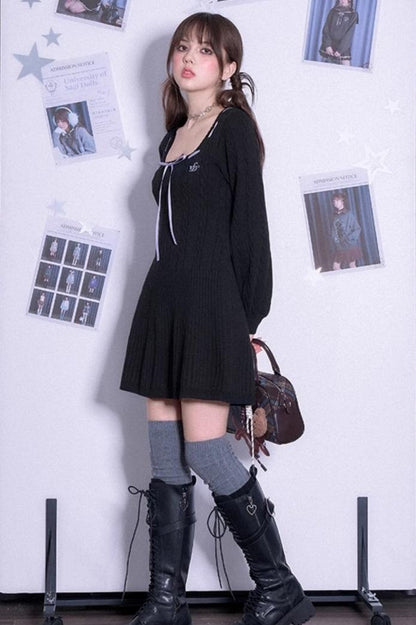 SagiDolls Girly Fighting Spirit Warm Sweet Black Sweet Black Sweet Black Square Neck Sweater Dress Warm und vielseitig Winter