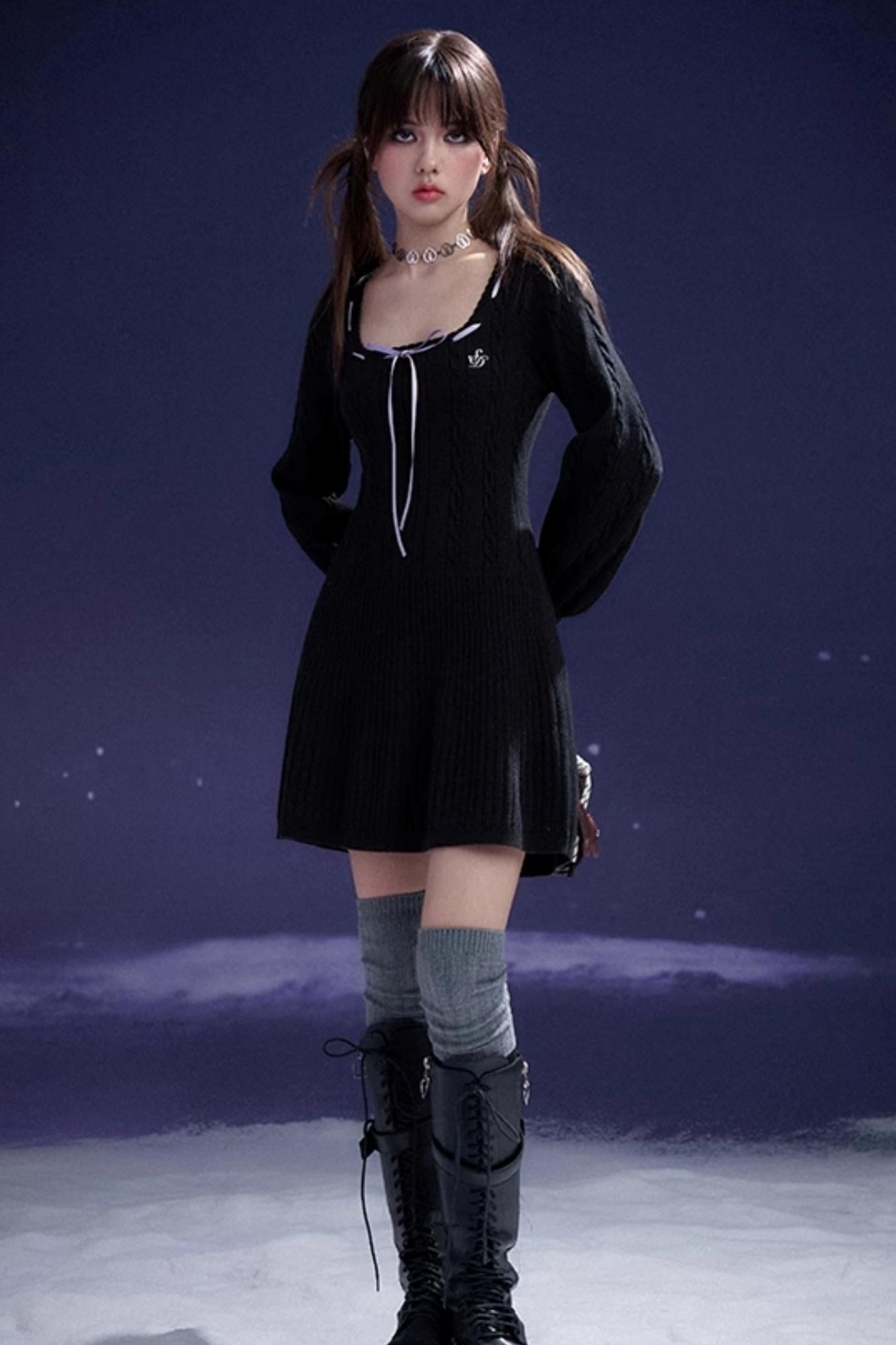 SagiDolls Girly Fighting Spirit Warm Sweet Black Sweet Black Sweet Black Square Neck Sweater Dress Warm und vielseitig Winter