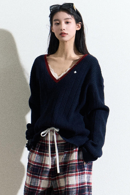 V-Neck Wool Cable Knit Top