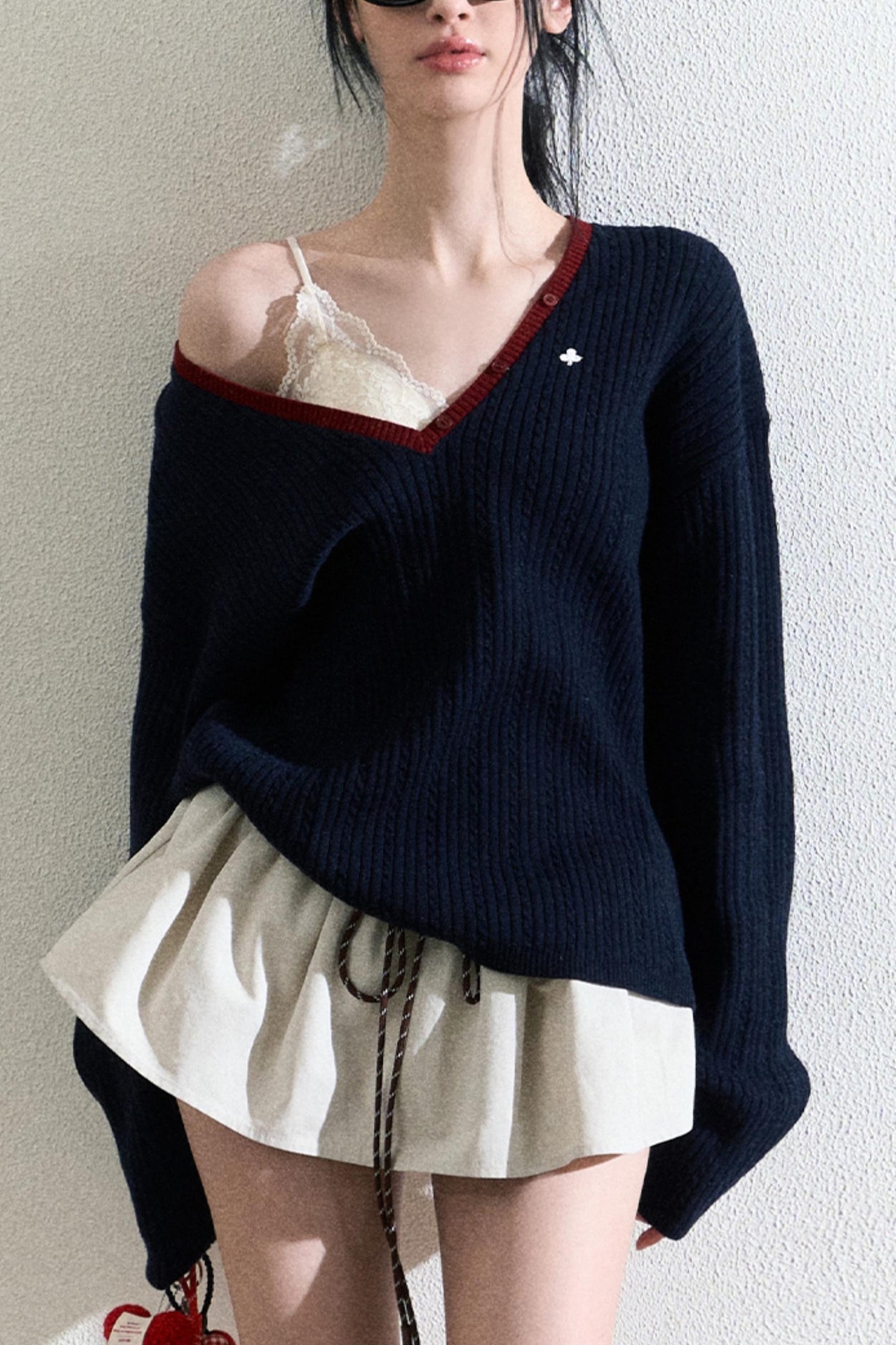 V-Neck Wool Cable Knit Top