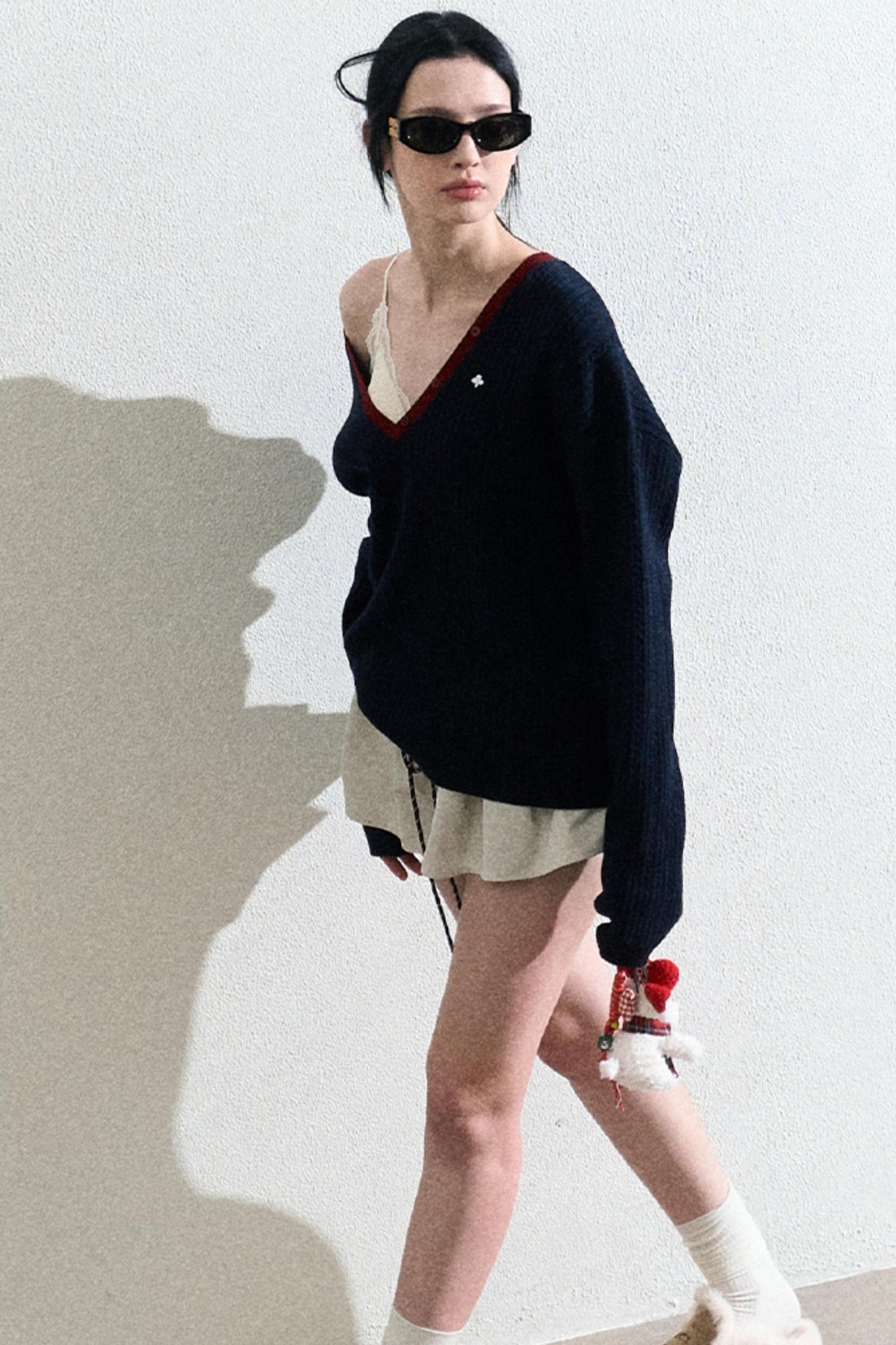 V-Neck Wool Cable Knit Top