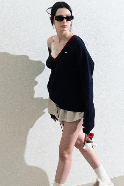 V-Neck Wool Cable Knit Top