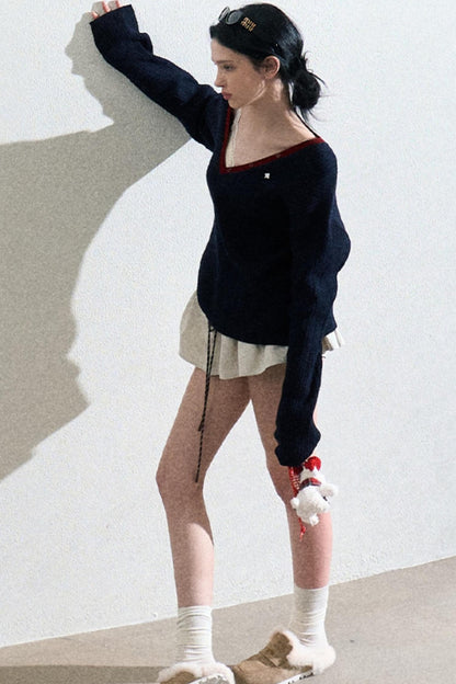 V-Neck Wool Cable Knit Top