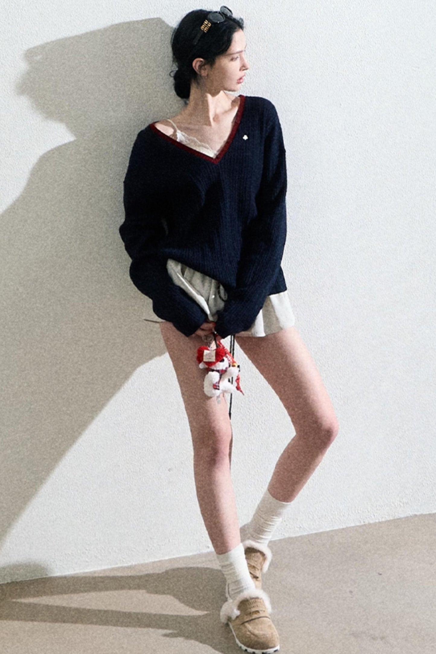 V-Neck Wool Cable Knit Top