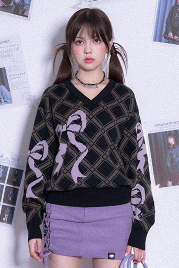 Bow Printed V-Neck Check Sweater