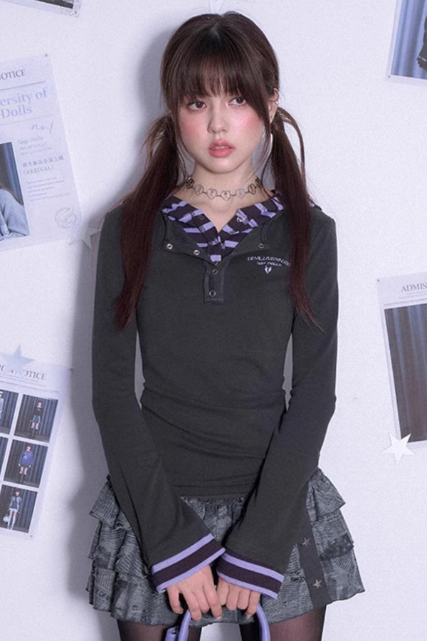 Stitching Hooded Tops & Skirt Set-Up