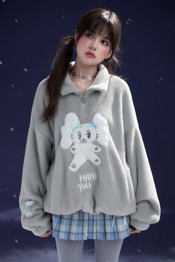 Lockere Passform grauer Fleece-Pullover 