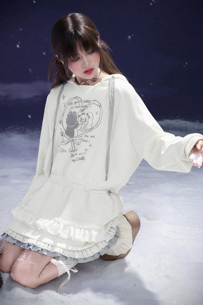 SagiDolls Girl's Fighting Spirit White Print Casual Cute Hooded Loose Sweatshirt Dress Looks Thin and Sweet