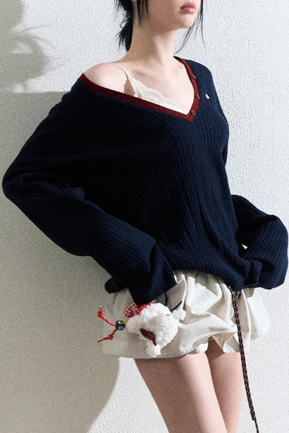 V-Neck Wool Cable Knit Top