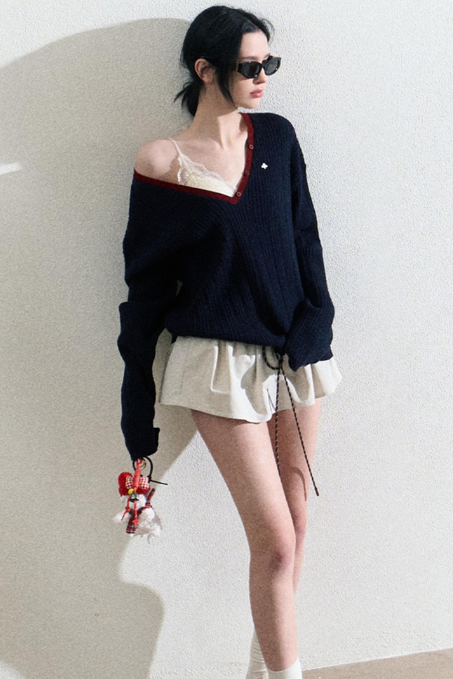 V-Neck Wool Cable Knit Top