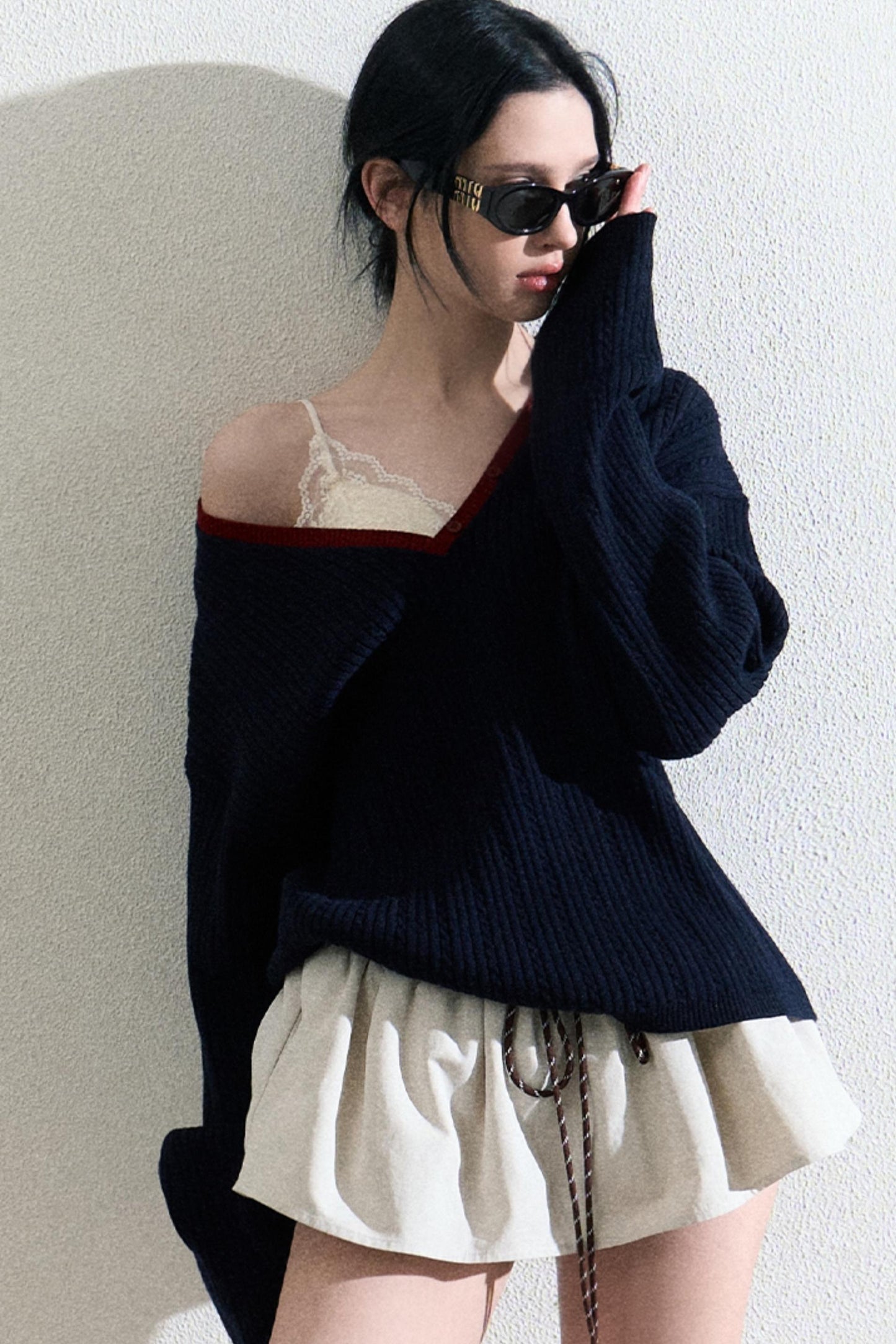 V-Neck Wool Cable Knit Top