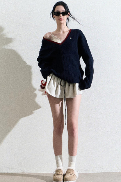 V-Neck Wool Cable Knit Top