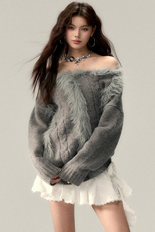 Wool Knit Slanted Shoulder Sweater