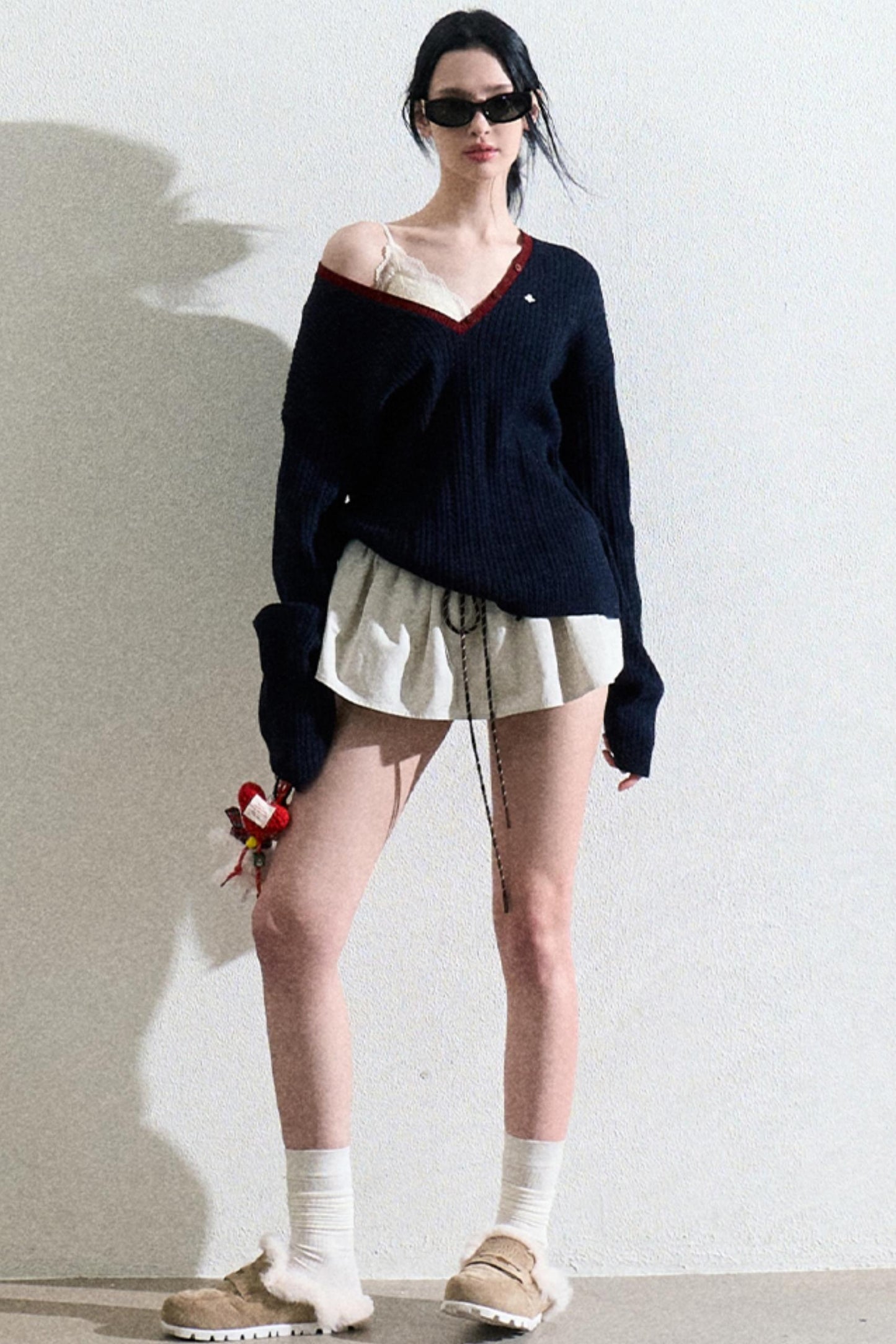 V-Neck Wool Cable Knit Top