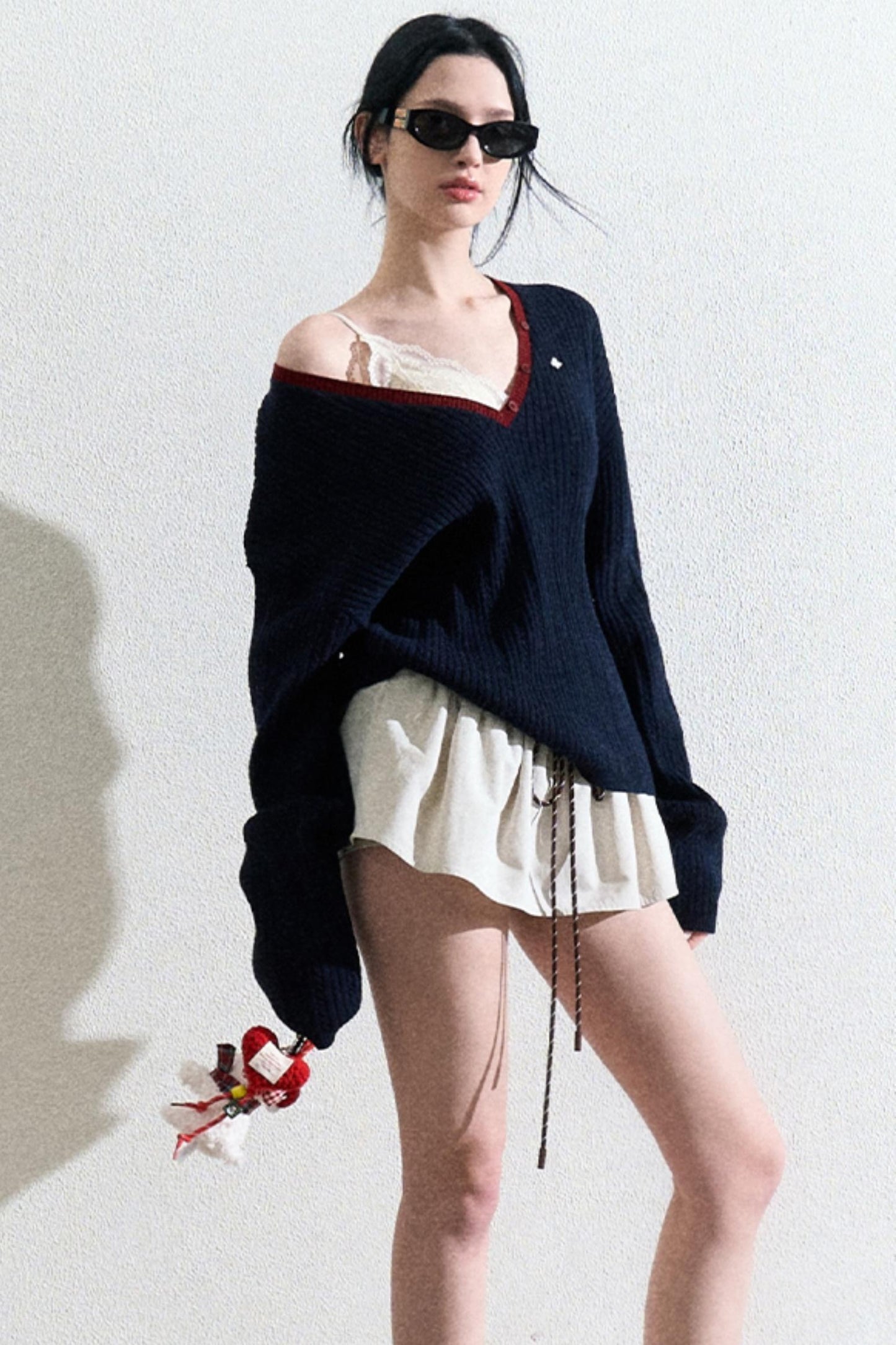 V-Neck Wool Cable Knit Top