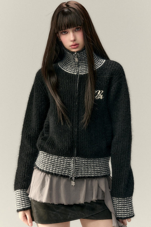 High Neck Contrast Knit Cardigan